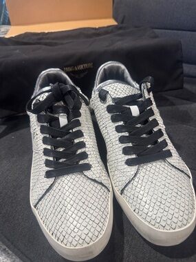 Zadig & Voltaire White Snake-Texture Sneakers with Black Laces